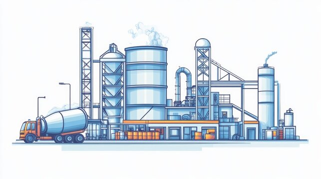 blue factory with cement truck, industrial scene clip art preview
