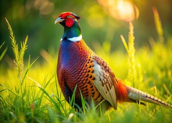 Fototapeta premium Majestic Male Pheasant in Grassland - Wild Bird Portrait Photography