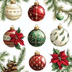 Vintage Christmas Ornaments Seamless Pattern with Pine
