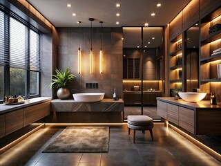 Modern Bathroom Low Light Photography: Chic Interior Design, Dark Mood Lighting, Minimalist Style, Ambient Lighting, Luxurious Bathroom