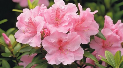 A vivid pink azalea blooming among muted greenery.