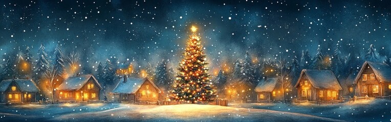 Obraz premium Christmas Wonderland Scene with Tree and Snowy Village