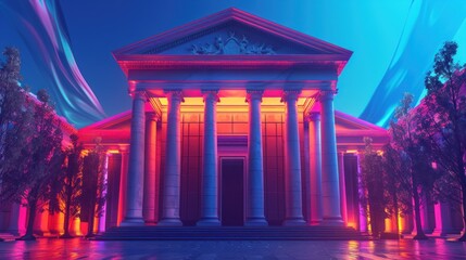 A vibrant, illuminated classical building with columns and trees, set in a surreal environment.