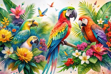Hand-drawn Watercolor Tropical Birds Illustrations for Children's Products and Interior Design Featuring Cockatoo, Macaw, Hummingbird, and Toucan in Beautiful Double Exposure Style