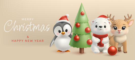 A 3D collection of cute Christmas animal mascots, featuring a penguin, reindeer, polar bear, and Christmas tree. Festive, red hats, gestures, winter vibes, perfect for greetings and banners. Not AI.