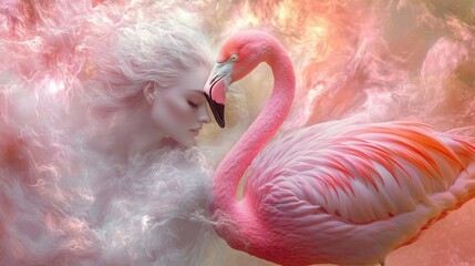 Fototapeta premium Artistic composition of a woman and a flamingo, blending their forms in a harmonious and dreamlike visual in soft pinks and pastels.