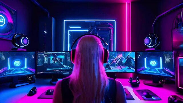 A gamer immersed in a vibrant, neon-lit gaming setup with multiple screens.