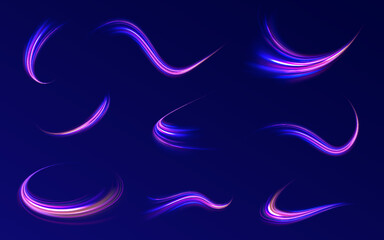 Electric car and city concept Hitech communication concept innovation background. Expressway, car headlight effect. Speed connection vector background. City road car light trails motion background. 