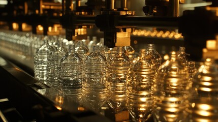Obraz premium Close-up of water bottles aligned on a conveyor belt, their clear surfaces reflecting factory machinery