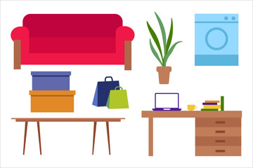 Furniture and appliances, sofa, desk, washing machine, house plant. Table, boxes and packages. Relocation, move. Vector simple color flat illustration.