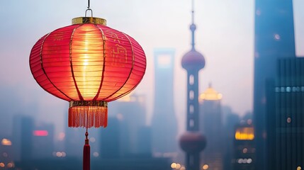 Obraz premium Vibrant Red Lantern Against City Skyline