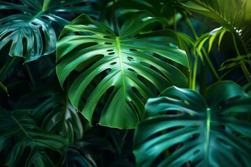 Vibrant green monstera leaves creating lush tropical backdrop