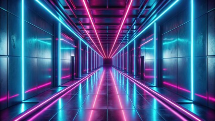 Fototapeta premium Futuristic corridor with neon laser lights converging, futuristic, corridor, neon lights, laser, technology, sci-fi