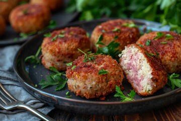 Chicken and ham patties garnished with fresh parsley on dark plate