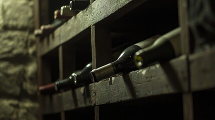 Close-up of wine bottles resting on an aged wooden rack in a softly lit cellar, exuding sophistication