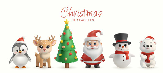 A 3D set of cute Christmas characters, including Santa Claus, a snowman, reindeer, penguin, and polar bear, all in festive red and white. Cartoon style, smiling, isolated holiday icons. Not AI.