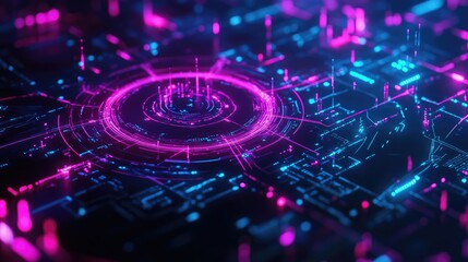 A close-up of a glowing network hub connecting various points on a digital globe; neon art style, electric blue and magenta, futuristic lighting