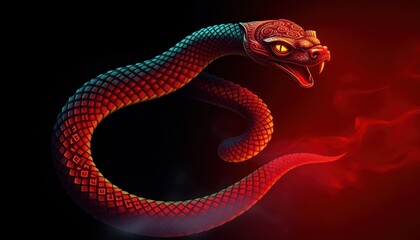 Obraz premium Striking Red Cobra Artwork: Captivating Visual of a Circular Snake Design, Perfect for Branding, Merchandise, or Artistic Displays in Gaming and Wildlife Themes