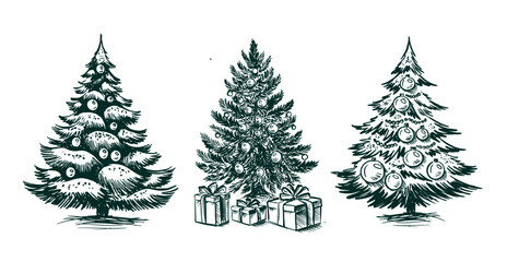 Christmas tree. New Year set. Hand drawn illustration. 
