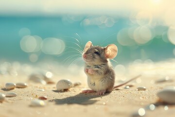 Adorable mouse enjoying sunny beach day with seashells