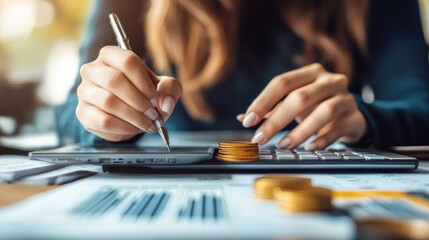 Financial banking and investment Asset allocation budget management. Business women calculating financial reports cost control and budgeting, business data charts growth charts. Taxation and budgeting