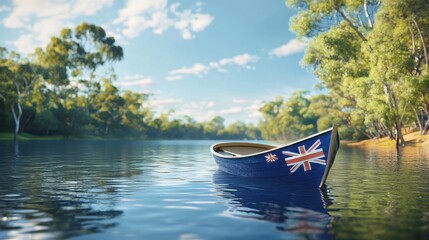 Tranquil Rowboat with Australian Flag Sails Gently Floating on Serene Lake Surrounded by Lush Greenery Under a Clear Blue Sky