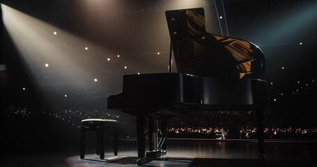 Black Grand Piano Standing on Stage at a National Symphony. Music Instrument Ready to Perform at a...