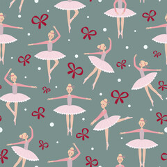 Vintage winter pattern with dancing ballerinas, red bows and snow balls. Endless vector texture on light grey blue background.