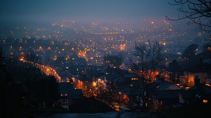 Obraz premium A serene night view of a city illuminated by streetlights and homes, shrouded in mist.