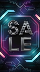 Big silver sale sign on futuristic background with neon lights