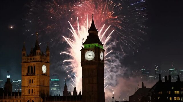 A night-time video shows fireworks behind the Big Ben clock tower, both in silhouette, fireworks in the city.