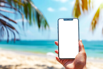 Hand-holding smartphone with blank white screen blurred sunny beach background