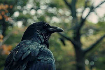 Fototapeta premium Large black raven perched majestically, observing verdant surroundings