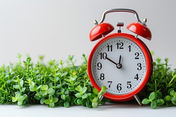 Close up view of a red alarm clock with bells against a white background isolated