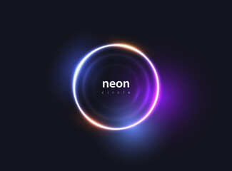 Abstract glow neon ring background. Shine round frame with light circles and blue and purple light effect. Vector glowing flare round Christmas banner on black background. Space for your message