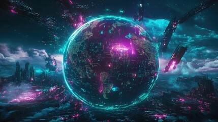 Obraz premium A cybernetic representation of Earth, with glowing data pathways spreading across continents; dark tech theme, teal and magenta highlights, ultra-detailed