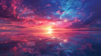 A vibrant sunset reflecting on calm waters, showcasing a blend of colors in the sky.