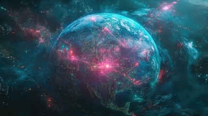 Fototapeta premium A cybernetic representation of Earth, with glowing data pathways spreading across continents; dark tech theme, teal and magenta highlights, ultra-detailed