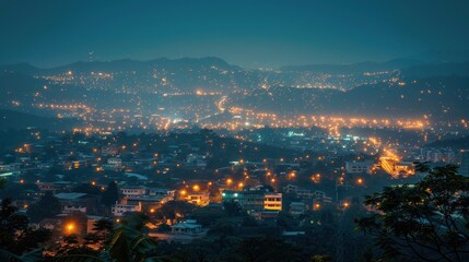Obraz premium A serene night view of a city illuminated by streetlights and distant hills.