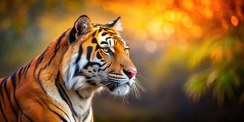 Fototapeta premium Stunning Bengal Tiger Profile Portrait with Majestic Features and Striking Colors for Wildlife Enthusiasts, Nature Lovers, and Animal Conservation Projects