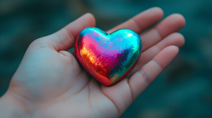 A vibrant, shiny heart-shaped object rests in a person's hand, symbolizing love and affection.