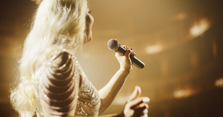 Pop Singer Performing on a Live Concert Stage. Portrait of an Adult Female Wearing a Striking Dress...