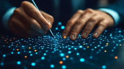 Naklejka premium Professional business meeting with digital network connections and abstract background of data flow