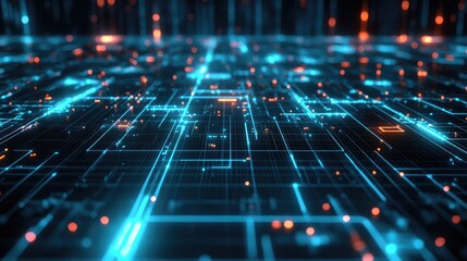 A digital world map with glowing node connections over a grid background; minimalist design, sci-fi aesthetic, bright cyan highlights