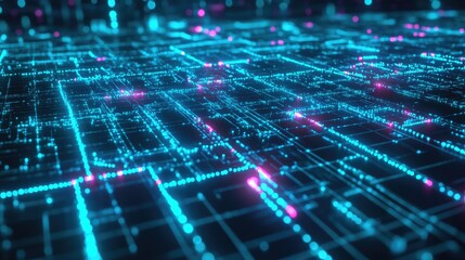 Obraz premium A digital world map with glowing node connections over a grid background; minimalist design, sci-fi aesthetic, bright cyan highlights