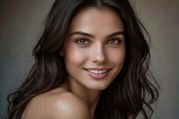 Naklejka premium young smiling attractive brunette woman with bare shoulders