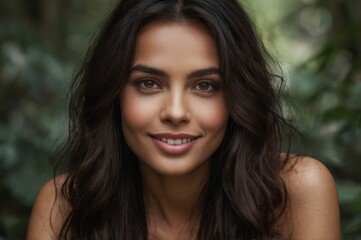 Fototapeta premium young smiling attractive brunette woman with bare shoulders