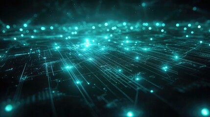 A digital world map with glowing node connections over a grid background; minimalist design, sci-fi aesthetic, bright cyan highlights