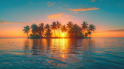 Obraz premium A serene sunset over a tropical island with palm trees reflecting on calm waters.