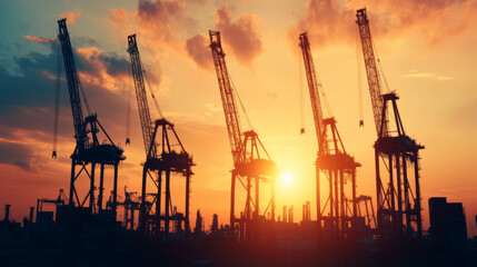 Obraz premium Silhouetted construction cranes against a vibrant sunset sky, highlighting the industrial landscape and evening ambiance.